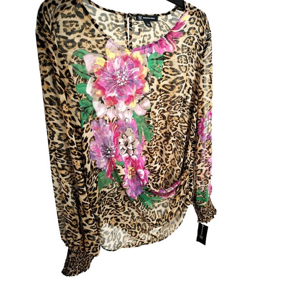 INC Animal Print Floral Sequins Blouse Top L - Picture 2 of 5